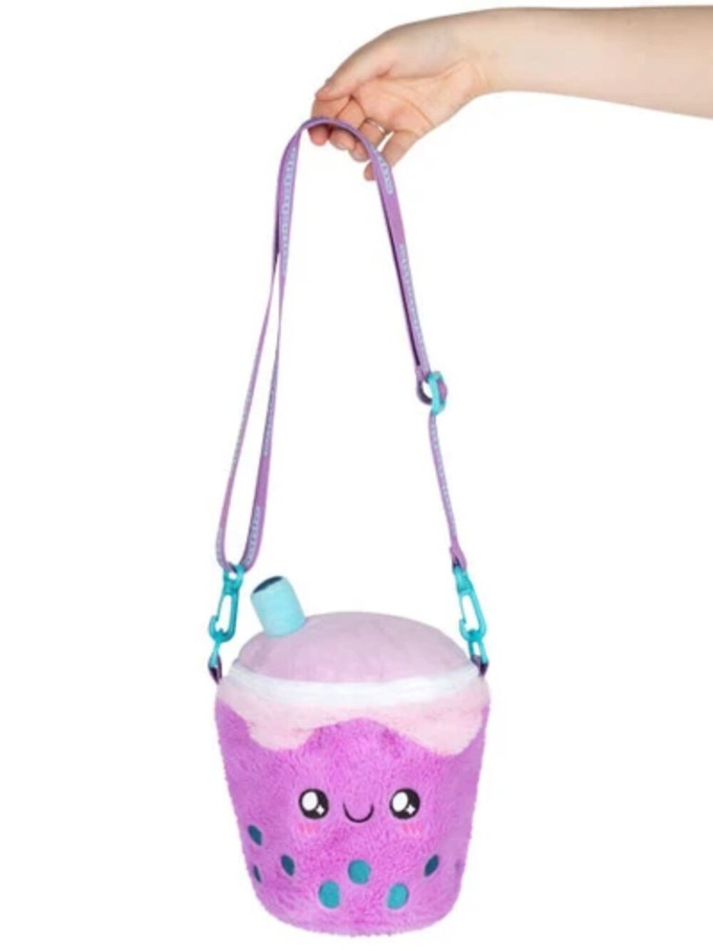 Squishable Comfort Food Boba Tea Fuzzy Purple and Blue Crossbody Bag With Strap